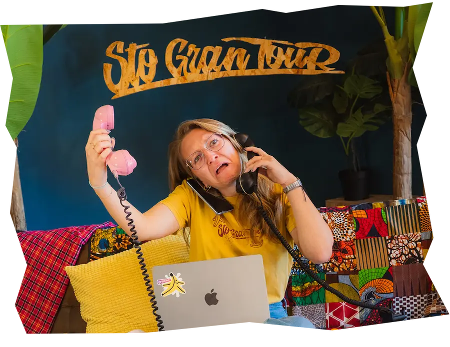 Person panicking with two phones