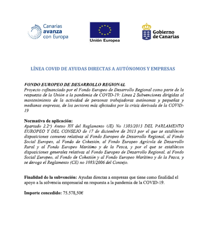 COVID line of direct aid to self-employed workers and companies - European Regional Development Fund