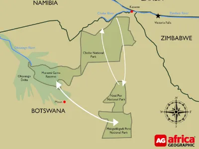 Mapa de la migración de las cebras en Botsuana entre Chobe, Nxai Pan, Makgadikgadi y el delta del Okavango