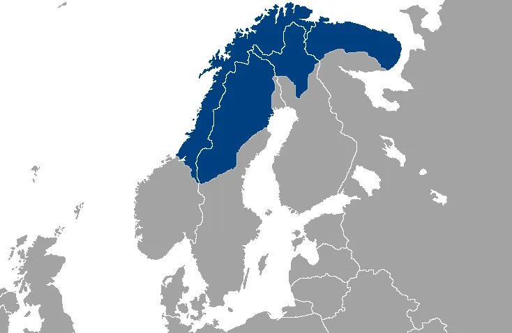 Mapa de Laponia: la región entre Noruega, Suecia, Finlandia y la península de Kola en Rusia
